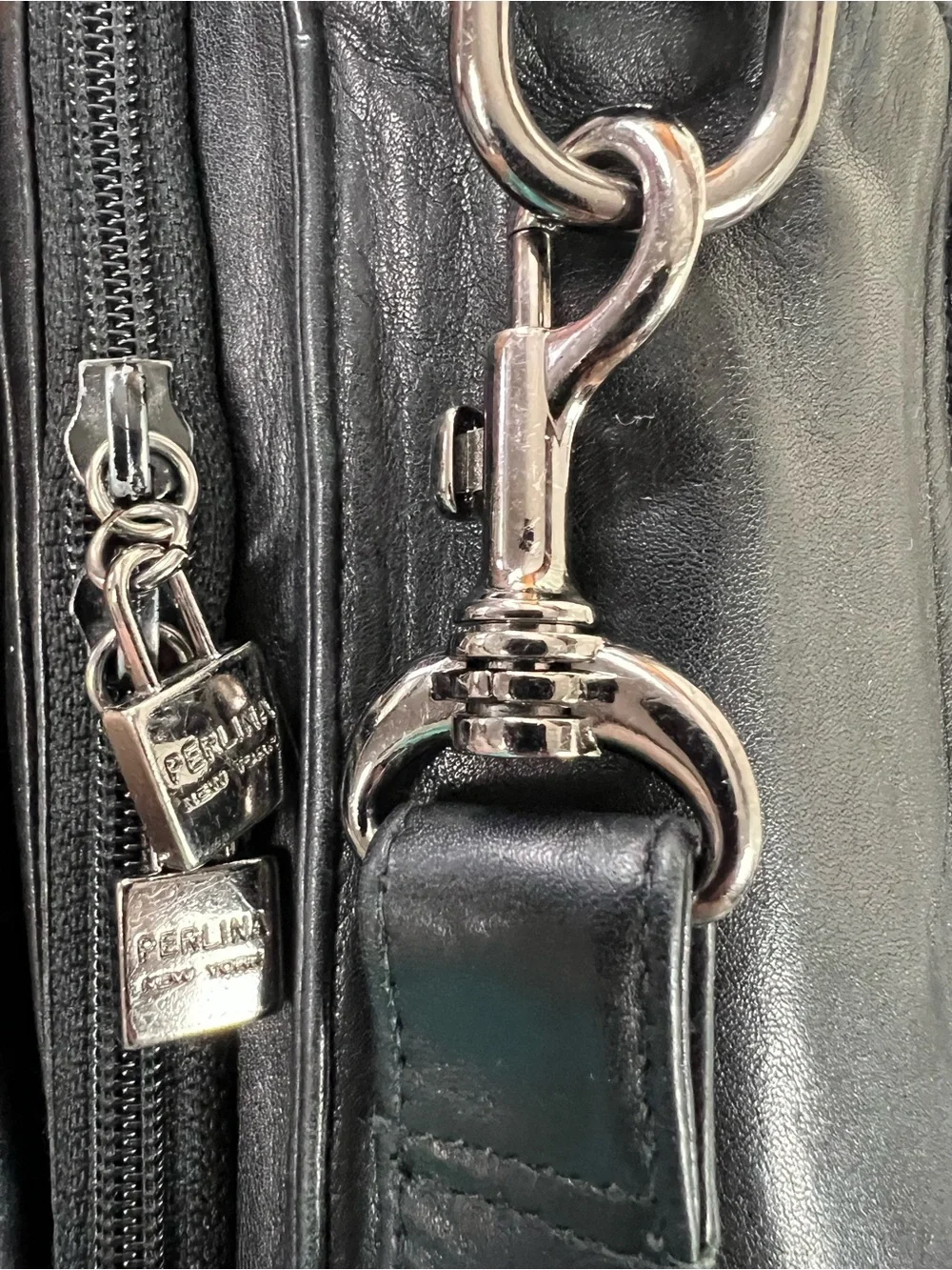 Vintage Perlina Black Leather Organizer Tablet Crossbody Messenger Travel Bag